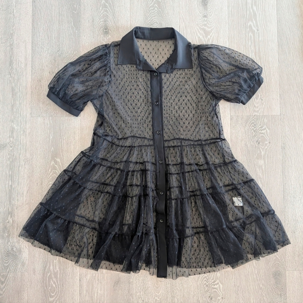 Black Mesh Polka Dot Button Down Collared Dress - image 1